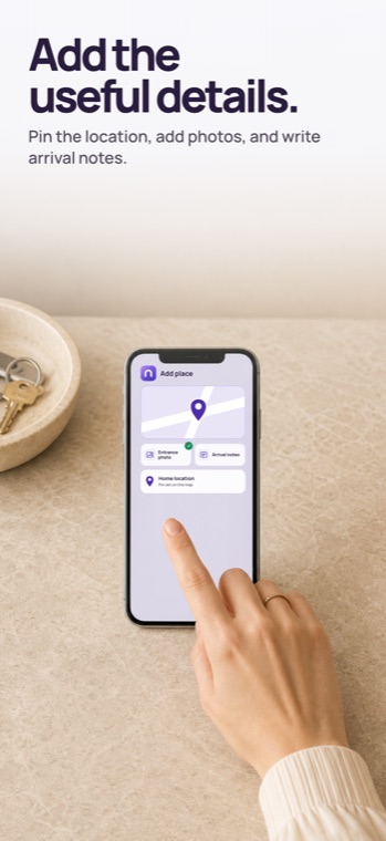 Tapping the map in HenaHome to pin an entrance and add arrival photos.